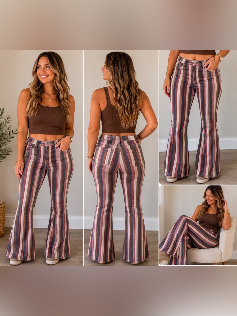 Rock and Roll Women’s Striped High Rise Flare Jeans - black brown cream